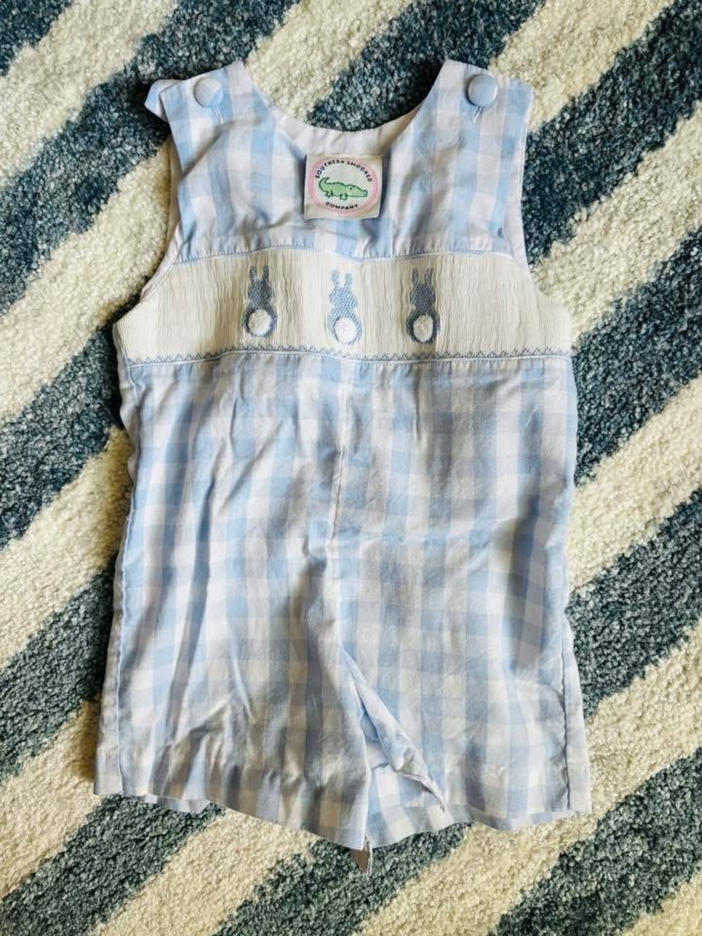 Southern Smocked Co Vintage Blue Gingham Easter Baby Romper Bunny Smocking 9mo